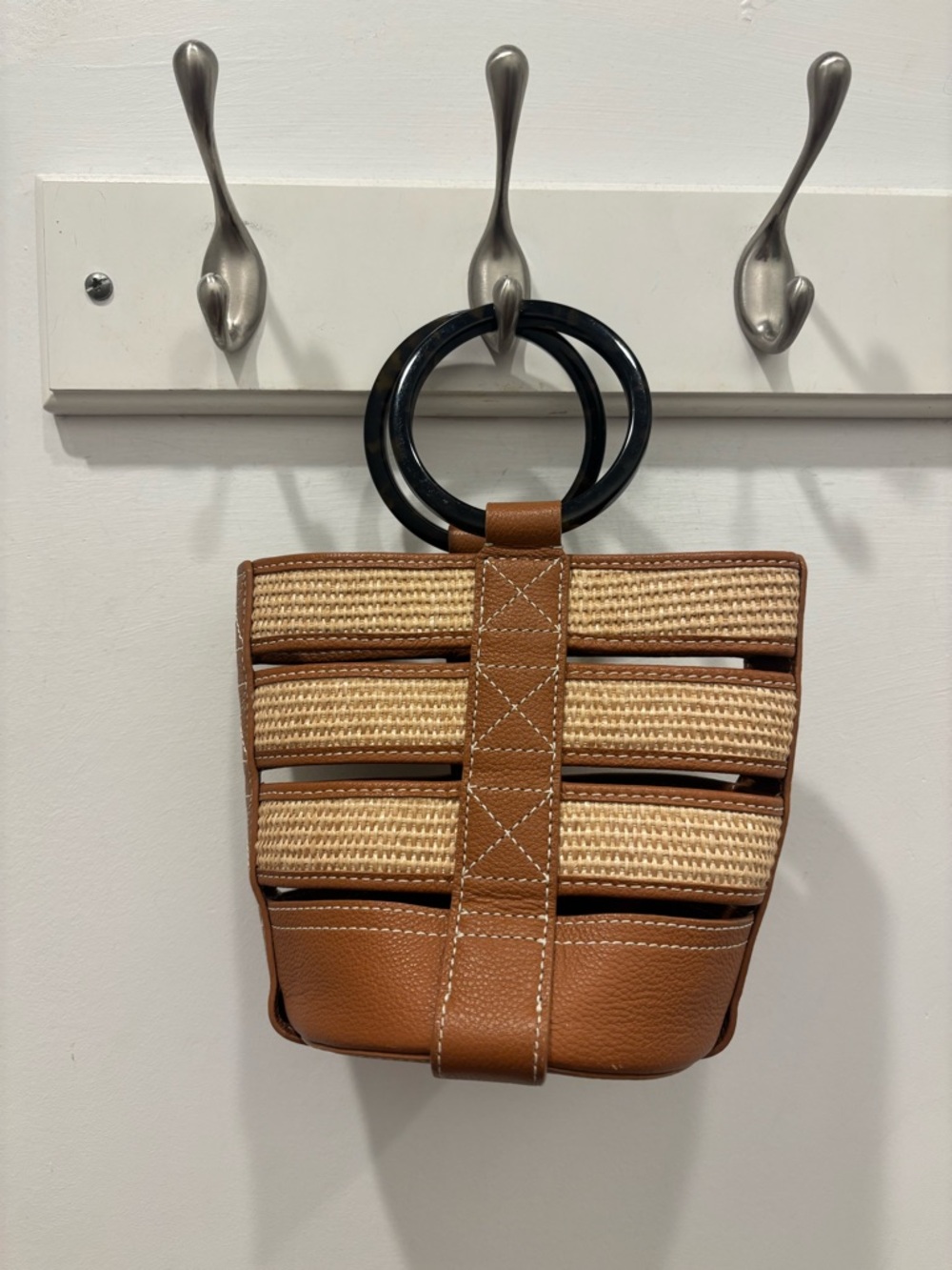 Pamela Munson Mini Woven Straw & Tan Leather Handbag with Black Ring Handles